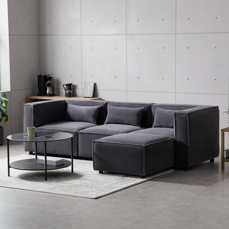 Canapé modulable 3 places velours côtelé gris anthracite avec pouf Modular vue de 3/4
