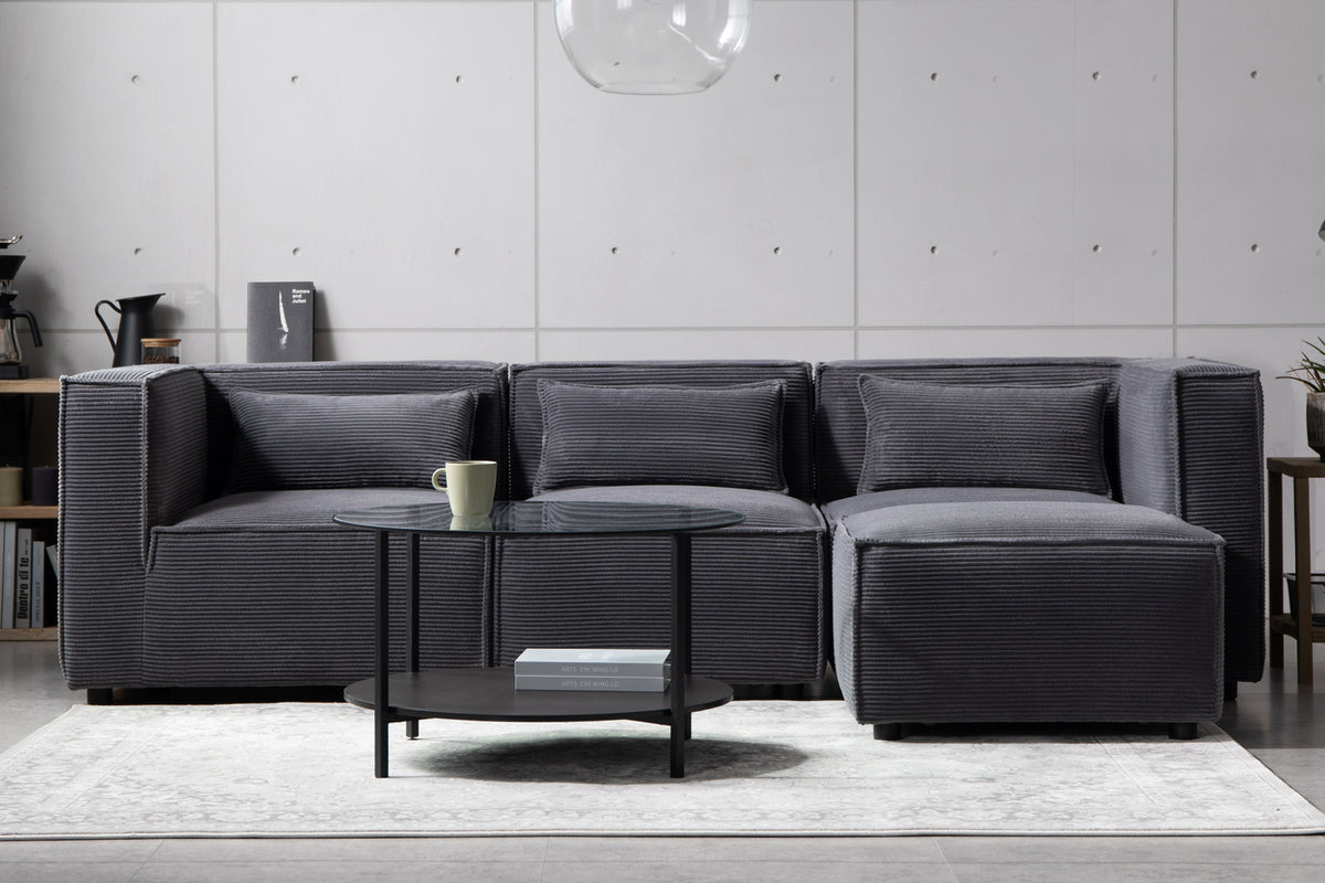 Canapé modulable 3 places velours côtelé gris anthracite avec pouf Modular photo d'ambiance