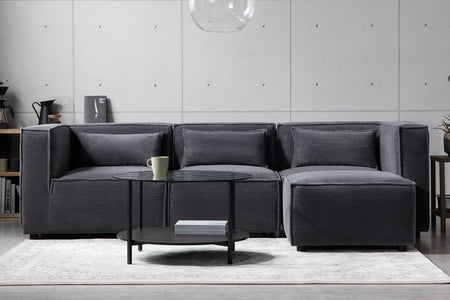 Canapé modulable 3 places velours côtelé gris anthracite avec pouf Modular photo d'ambiance