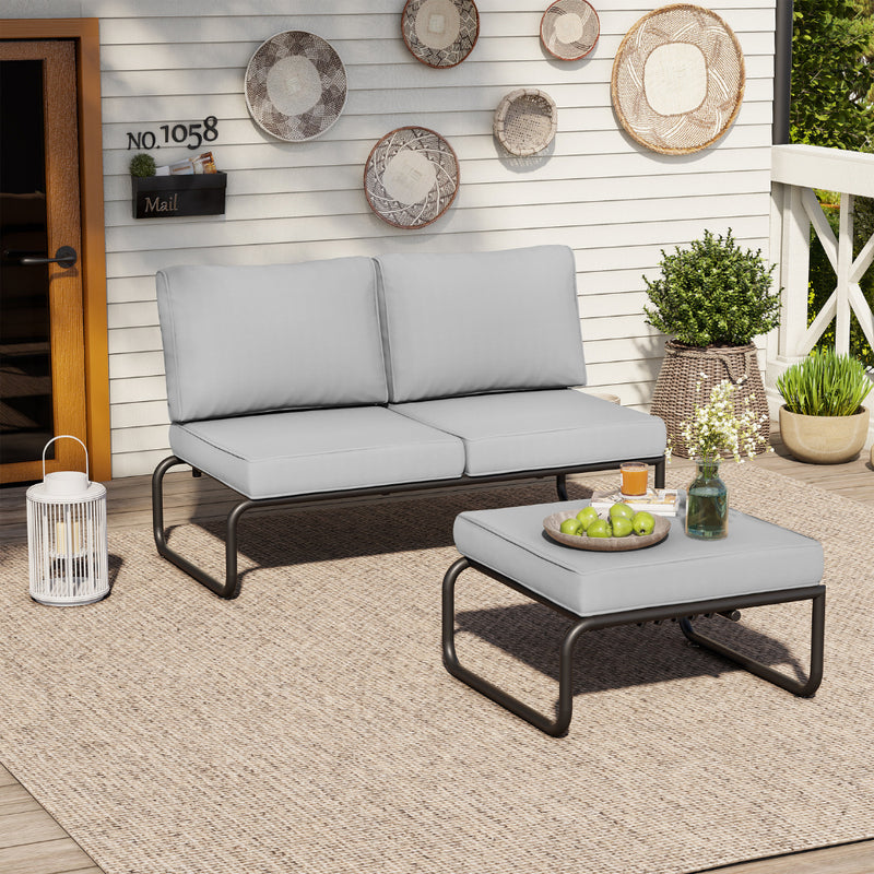 Salon de jardin modulable canapé noir et gris Sorrento disposition salon avec canapé deux places et pouf