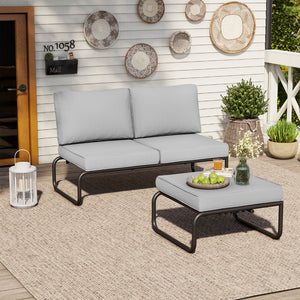 Salon de jardin modulable canapé noir et gris Sorrento disposition salon avec canapé deux places et pouf