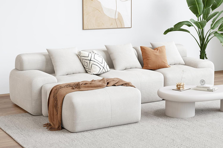 Canapé 5-6 places avec pouf en velours côtelé beige Sheffield photo vue de 3/4