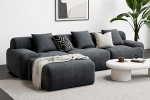 Canapé 5-6 places avec pouf en velours côtelé gris anthracite Sheffield vue de 3/4