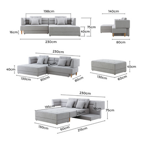 Canapé modulable et convertible Berga gris en tissu - dimensions