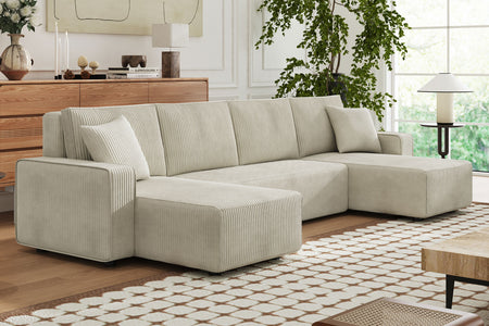 Canapé-lit panoramique 6 places avec coffre en velours côtelé Salisbury beige ambiance