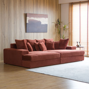 Canapé 4 places assise profonde en velours côtelé terracotta Cardiff vue de 3/4
