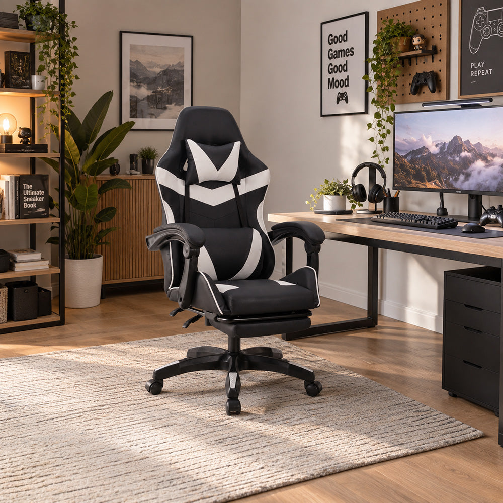 Chaise gaming de bureau ergonomique inclinable noir et blanc AKRON