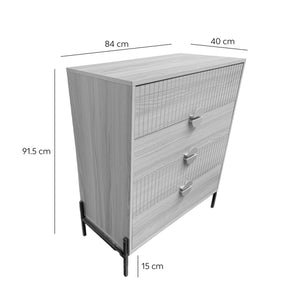Commode 4 tiroirs décor bois rainuré et poignées dorées 84cm Vallo dimensions