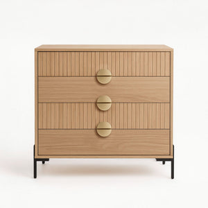 Commode 4 tiroirs décor bois rainuré et poignées dorées 84cm Vallo packshot face