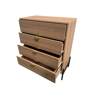 Commode 4 tiroirs décor bois rainuré et poignées dorées 84cm Vallo packshot ouvert