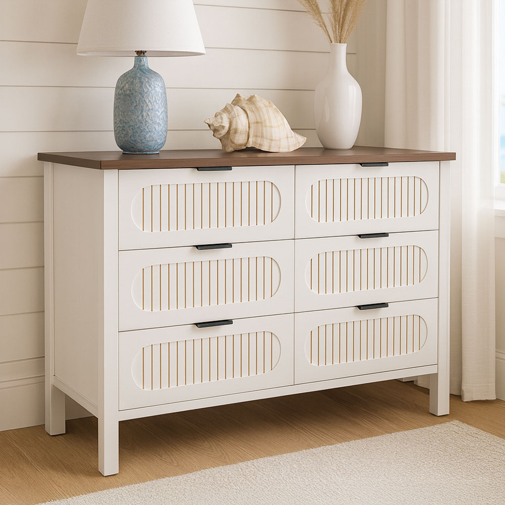 Commode 6 tiroirs blanc rainuré et bois 120cm Brix mise en situation