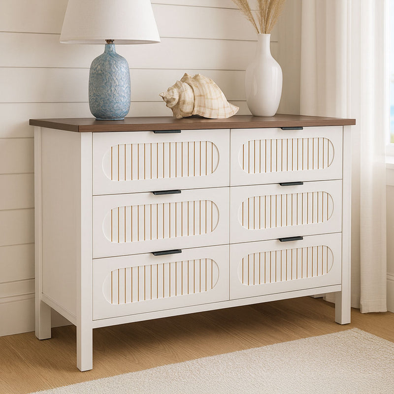 Commode 6 tiroirs blanc rainuré et bois 120cm Brix mise en situation
