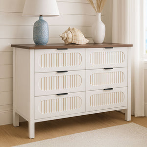 Commode 6 tiroirs blanc rainuré et bois 120cm Brix mise en situation