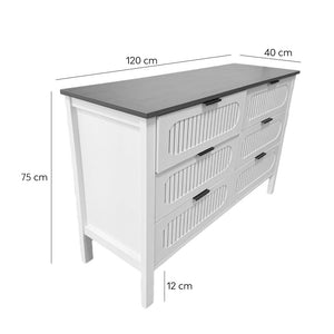 Commode 6 tiroirs blanc rainuré et bois 120cm Brix dimensions