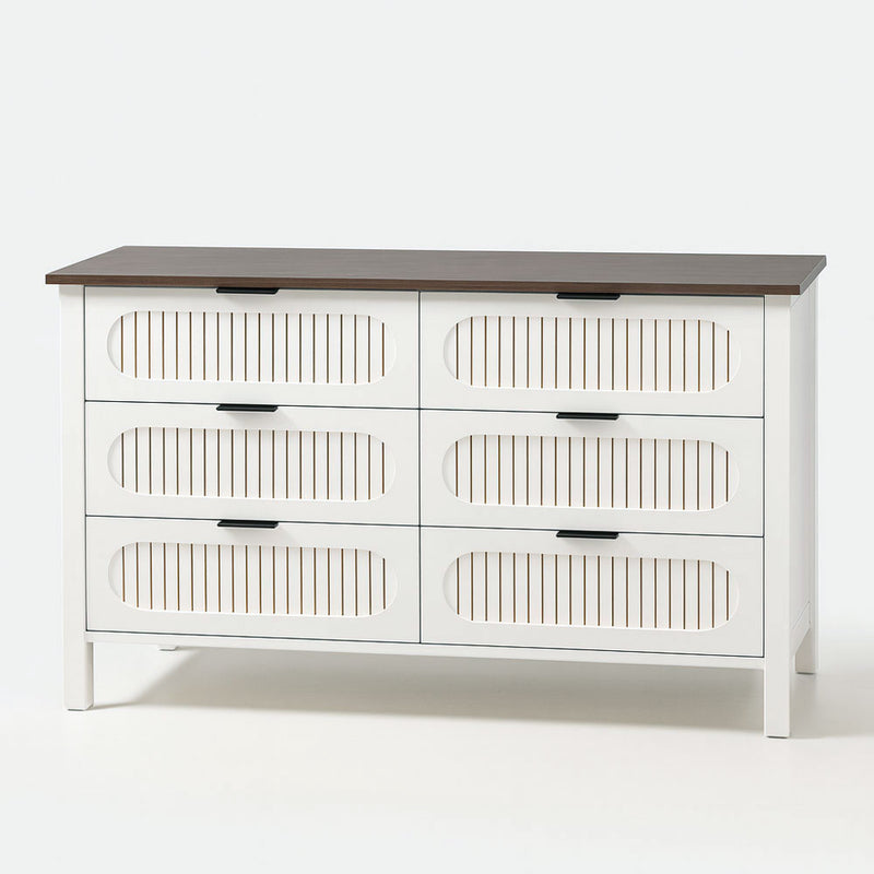 Commode 6 tiroirs blanc rainuré et bois 120cm Brix packshot vue de face