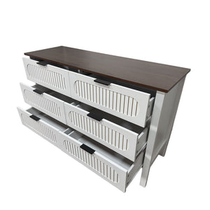 Commode 6 tiroirs blanc rainuré et bois 120cm Brix packshot ouvert