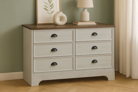 Commode 6 tiroirs blanc et bois 120cm Valla photo d'ambiance