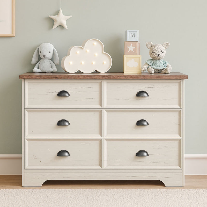 Commode 6 tiroirs blanc et bois 120cm Valla vue de face