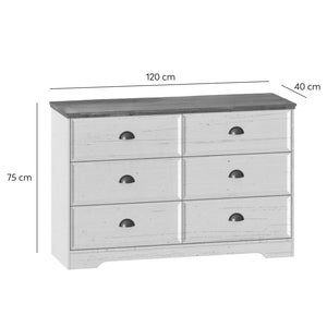 Commode 6 tiroirs blanc et bois 120cm Valla dimensions