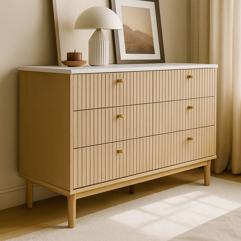  Buffet 6 tiroirs aspect bois et blanc 120cm Brox vue de 3/4