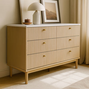  Buffet 6 tiroirs aspect bois et blanc 120cm Brox vue de 3/4
