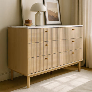 Buffet 6 tiroirs aspect bois et marbre 120cm Brox vue de 3/4