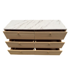 Buffet 6 tiroirs aspect bois et marbre 120cm Brox packshot ouvert