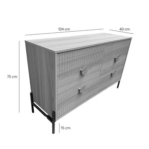 Commode 6 tiroirs décor bois rainuré et poignées dorées 124cm Vallo dimensions