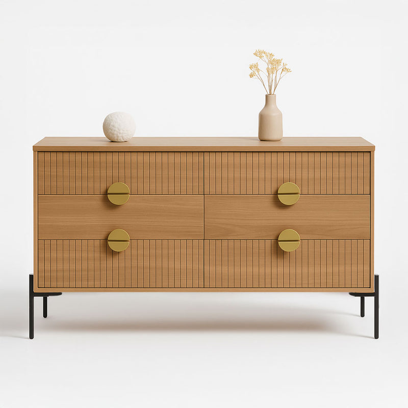 Commode 6 tiroirs décor bois rainuré et poignées dorées 124cm Vallo packshot face