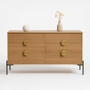 Commode 6 tiroirs décor bois rainuré et poignées dorées 124cm Vallo packshot face