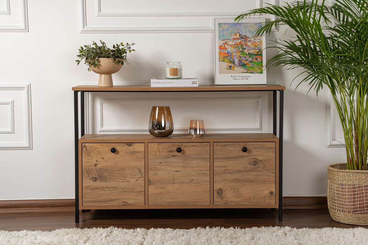 Console avec rangements bois et métal noir 120x77cm Solis photo d'ambiance