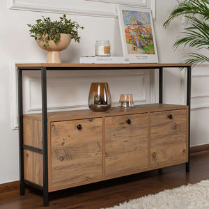 Console avec rangements bois et métal noir 120x77cm Solis équilibre parfait entre le bois et le métal noir