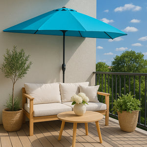 Demi parasol de balcon 270 cm bleu turquoise en aluminium Catane mise en situation terrasse