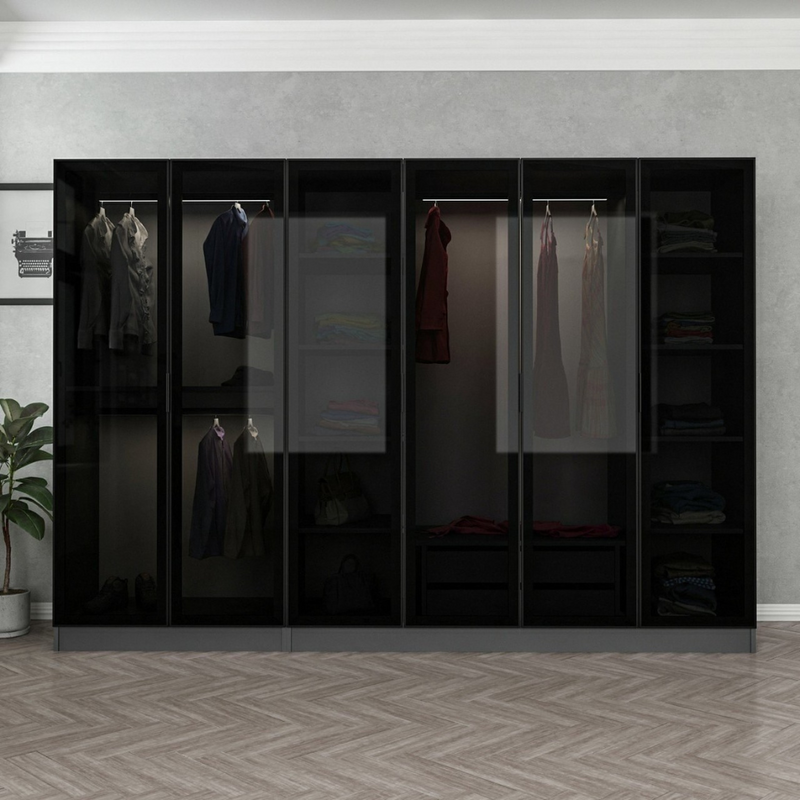 dressing avec étagères et penderie anthracite opera ambiance face porte fermée concept usine