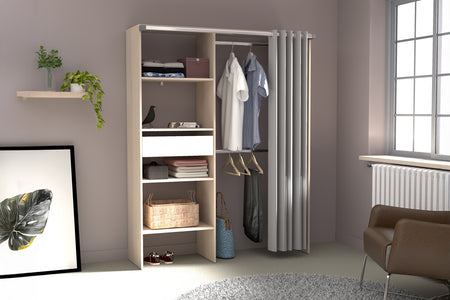 Dressing à rideau avec étagères, penderies et tiroir bois et blanc Bali photo d'ambiance