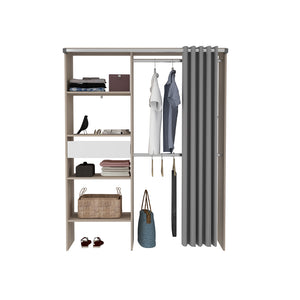 Dressing à rideau avec étagères, penderies et tiroir bois et blanc Bali de face sur fond blanc