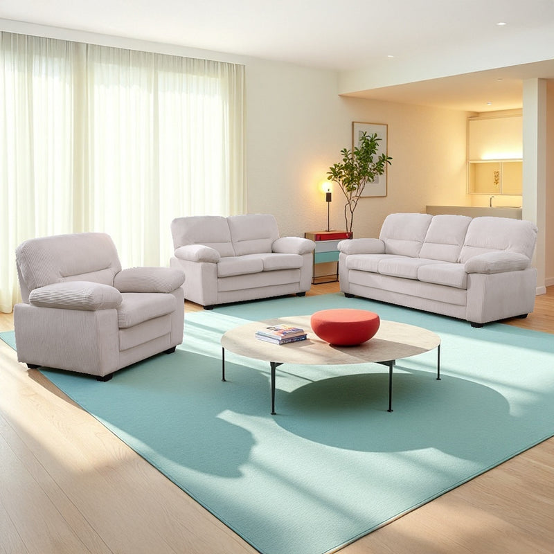 Ensemble canapé 3 places + 2 places + fauteuil en velours côtelé beige Lincoln mise en situation de l'ensemble