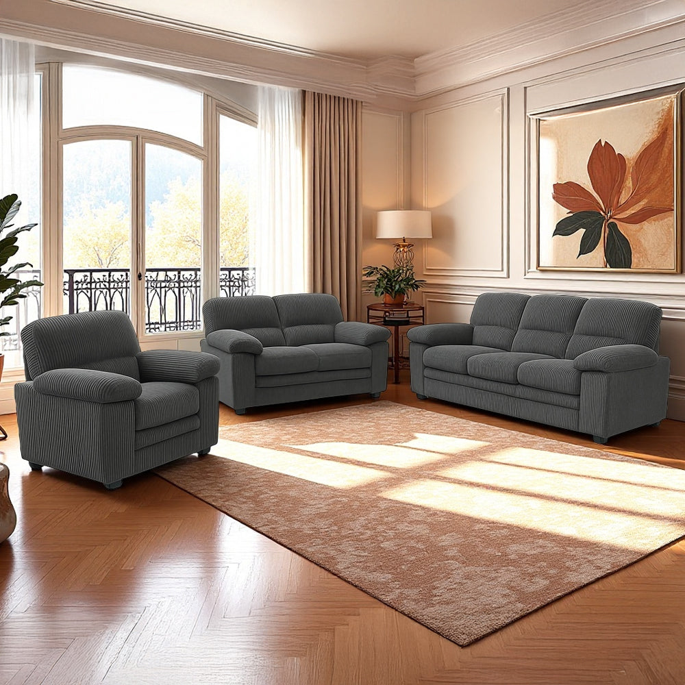 Ensemble canapé 3 places + 2 places + fauteuil en velours côtelé gris Lincoln mise en situation