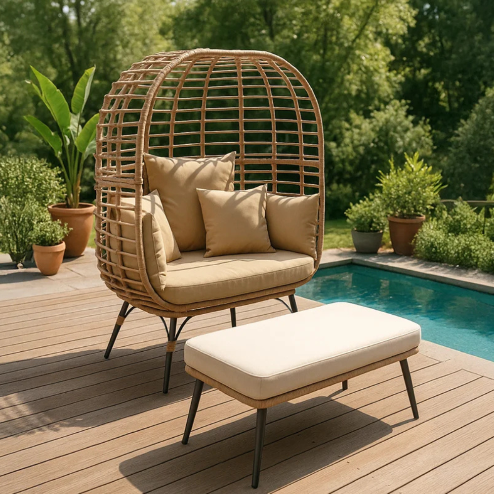 Ensemble d'extérieur avec fauteuil sur pied effet rotin et repose-pied grand format au coussin beige bundle photo d'ambiance 
