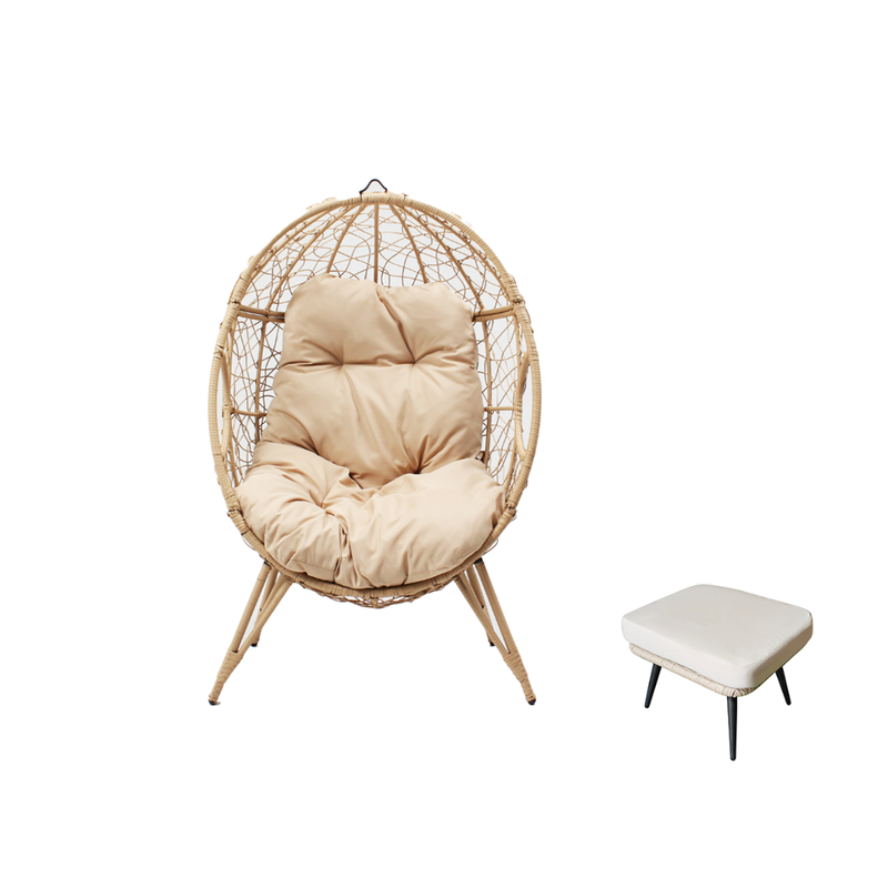 ensemble extérieur fauteuil sur pied effet rotin et repose-pieds avec coussin beige bundle fond blanc concept usine