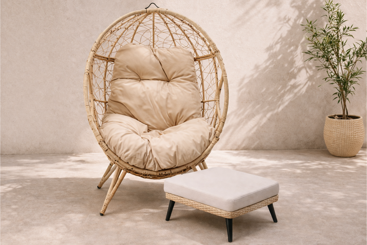 ensemble extérieur fauteuil sur pied effet rotin et repose pieds avec coussin beige bundle format paysage concept usine
