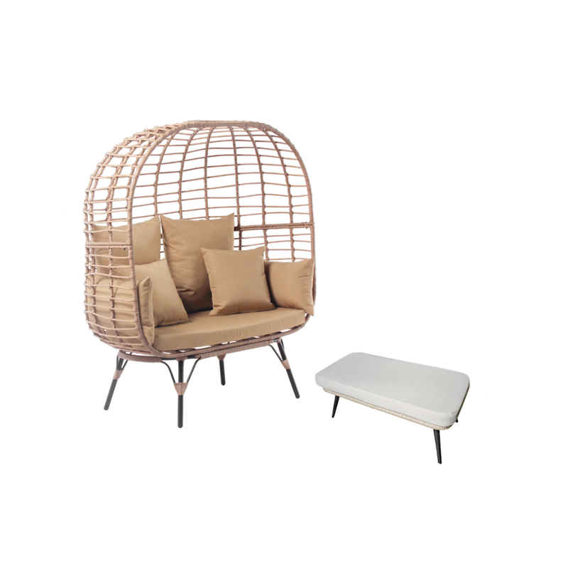 ensemble extérieur fauteuil sur pied effet rotin et repose pieds grand format coussin beige bundle fond blanc concept usine