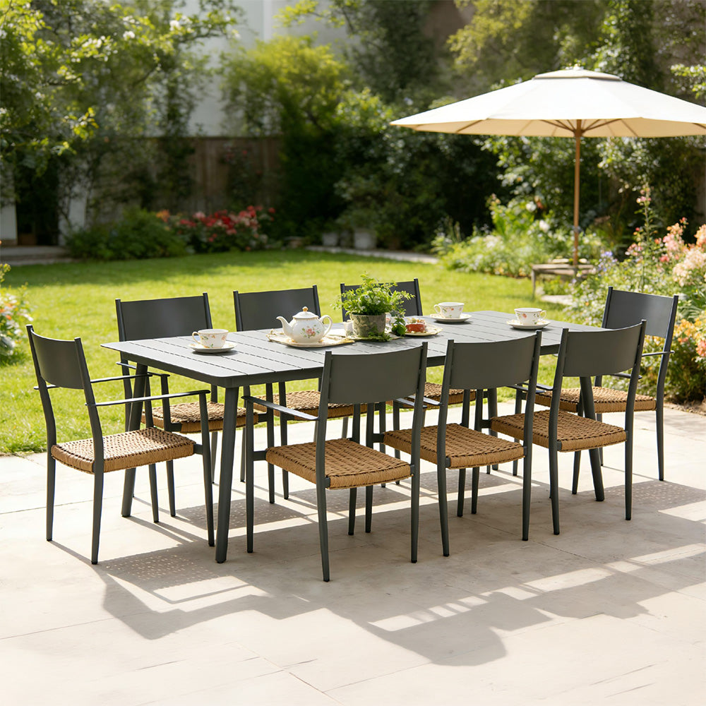 Ensemble table de jardin 200 cm et 8 fauteuils gris foncé effet rotin CANBERRA