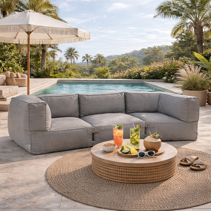 Ensemble de poufs extérieur 3 places gris tissu déperlant Praiano