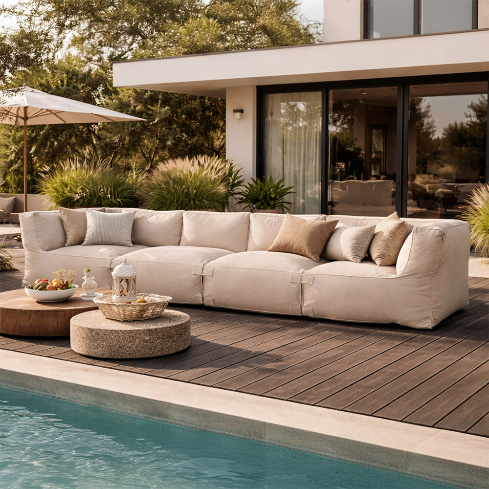 Ensemble de poufs extérieur 4 places modulable en tissu déperlant beige Praiano