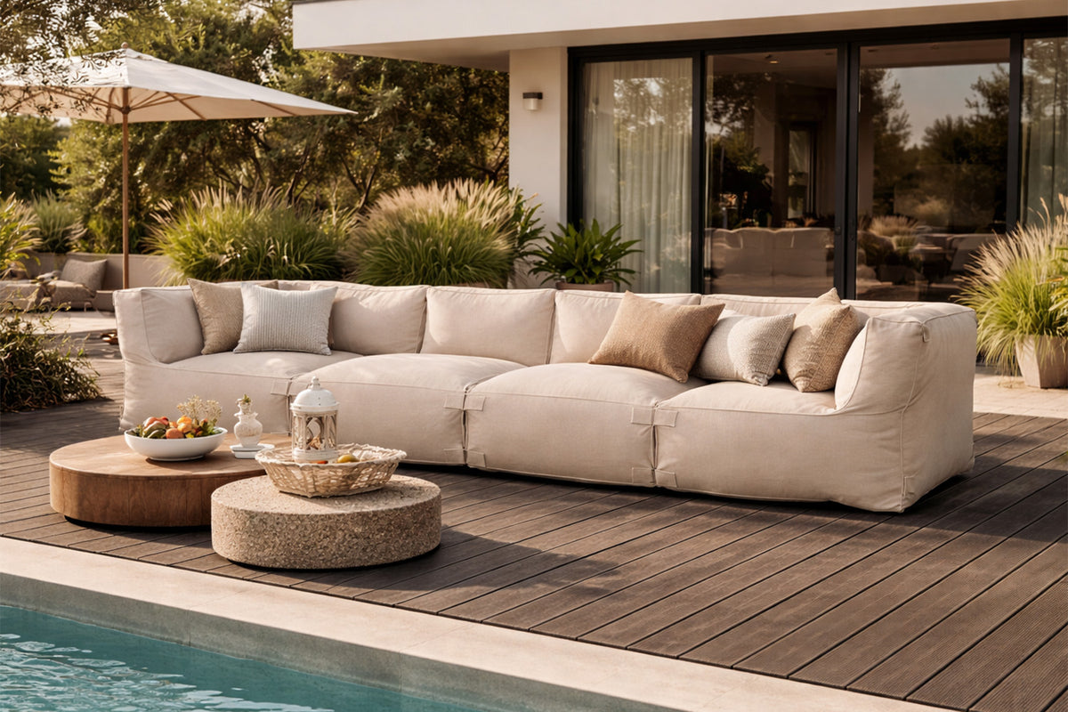Ensemble de poufs extérieur 4 places modulable en tissu déperlant beige Praiano