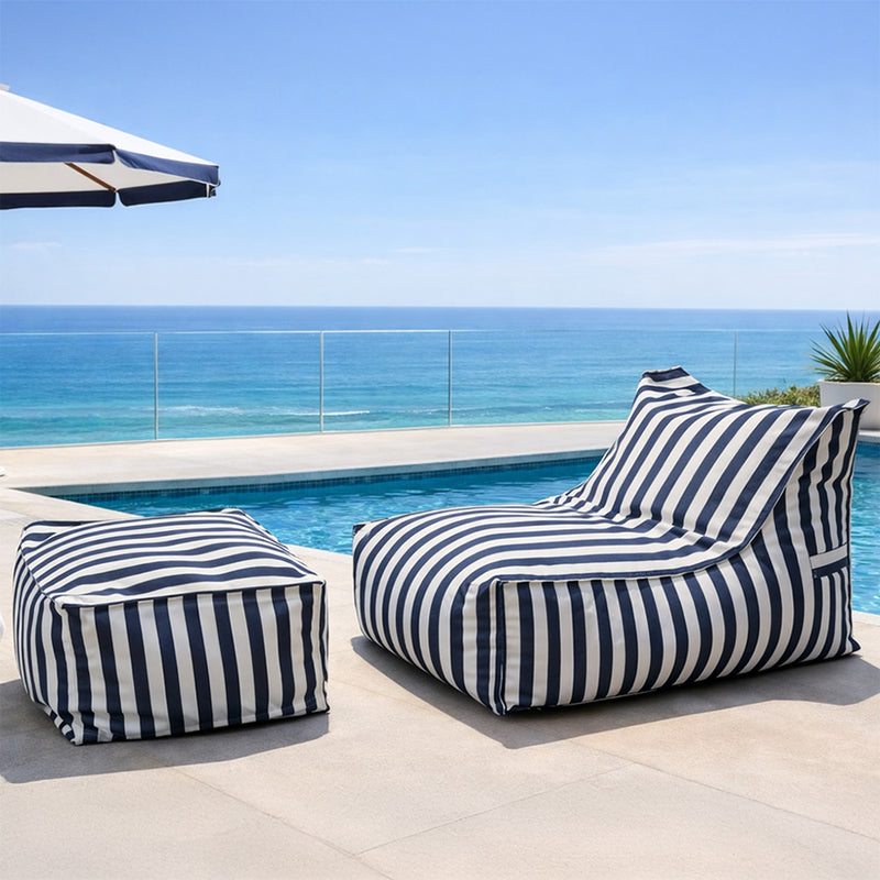Ensemble poufs extérieur motif rayure bleu et blanc Positano