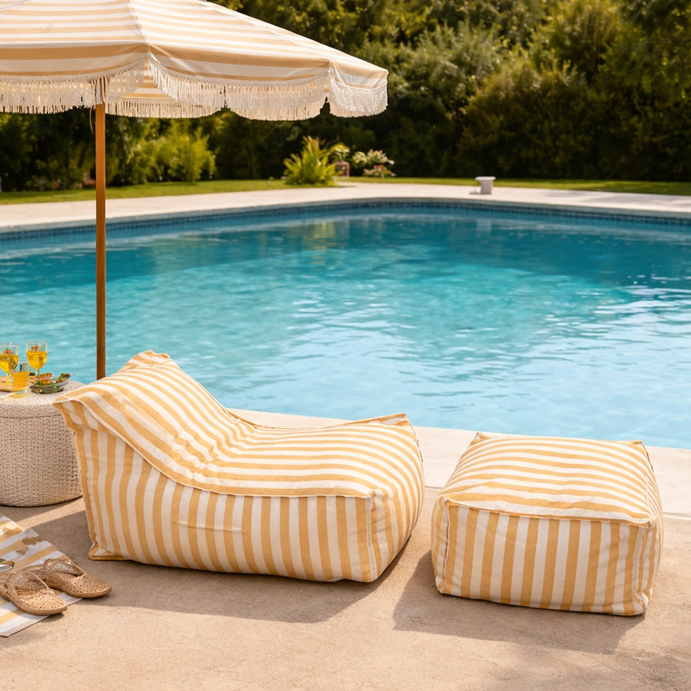 Ensemble poufs extérieur motif rayure jaune et blanc Positano