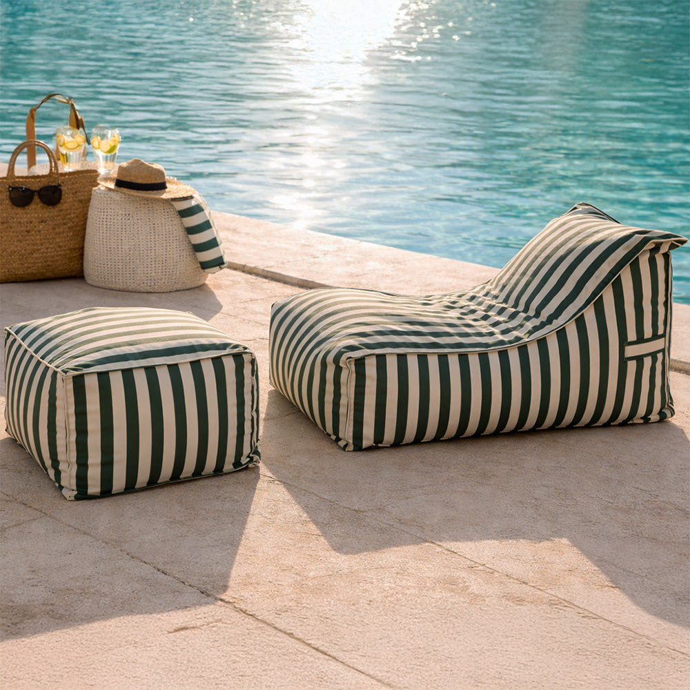 Ensemble poufs extérieur motif rayure vert et blanc Positano