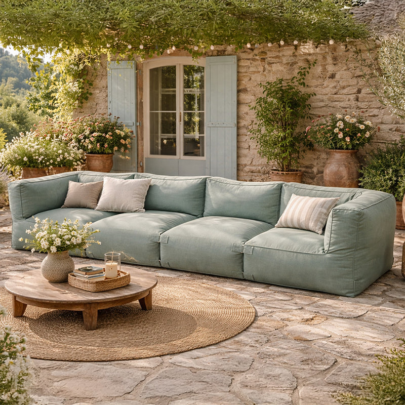 Ensemble de poufs extérieur 4 places modulable en tissu déperlant vert Praiano
